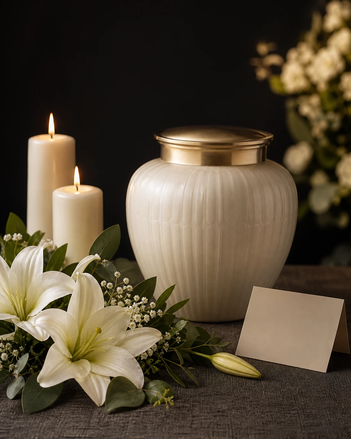 &Aacute;nfora de cremaci&oacute;n con flores blancas y velas para ceremonia de despedida
